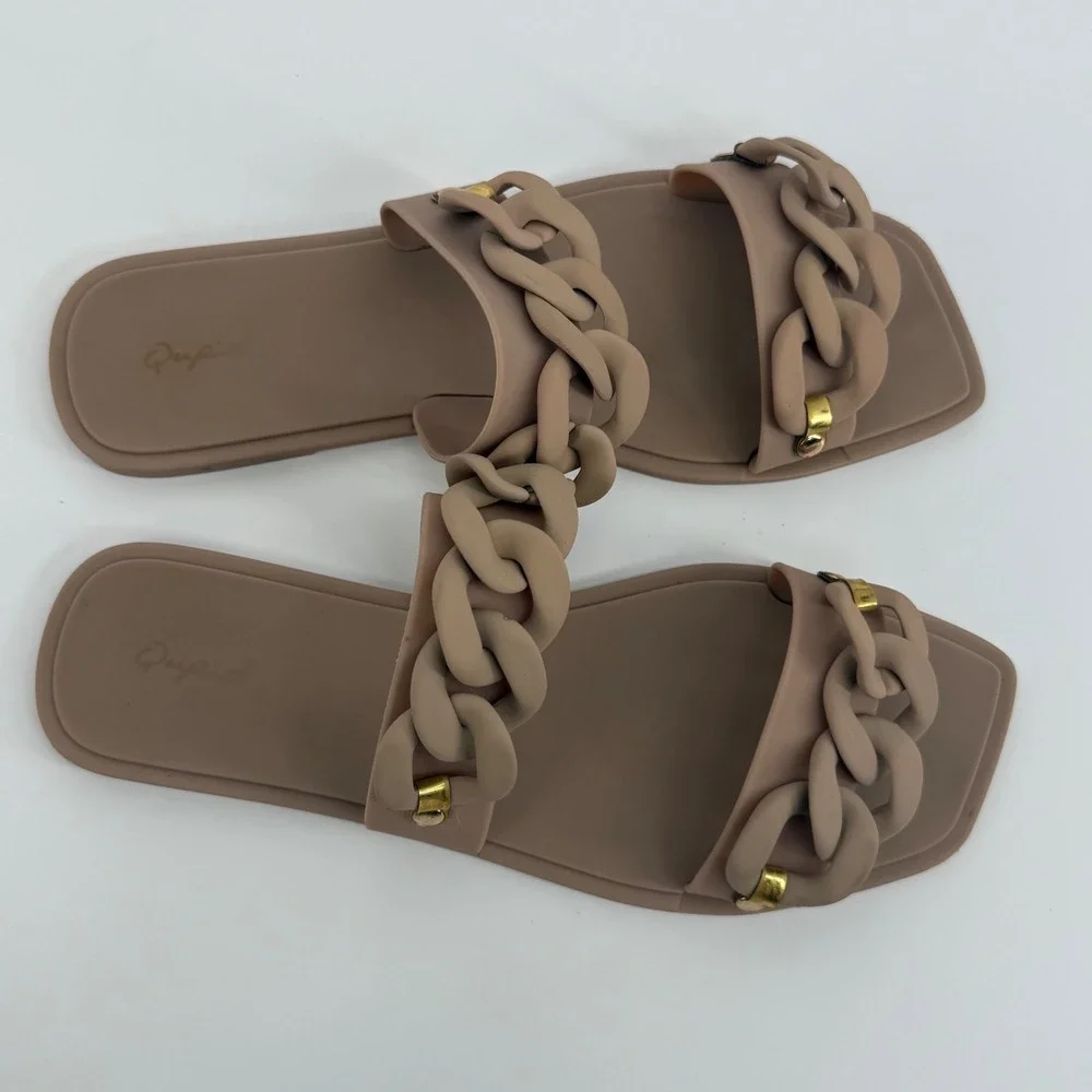 Qupid‎ Jelly Slide Sandals Womens Size 10 Tan Good Chain Link Square Toe Flat